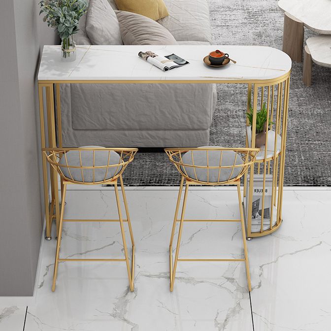 Glam White Stone Pub Bar Table Indoor Iron Double Pedestal Bar Dining Table with 2-Shelf Clearhalo 'Bar Furniture' 'Bar Tables' 'bar_tables' 'furn' 'furn_bar_tables' 'Furniture' 'furniture_bar_tables' 'Kitchen & Dining Furniture' 1200x1200_4e13d725-e3dc-41c9-a0ac-ef55bf7d8931