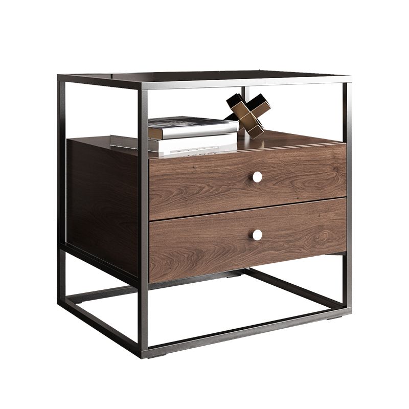 21.25" Tall Rectangular Glass Top Side Table Iron Frame 2-Drawer End Table