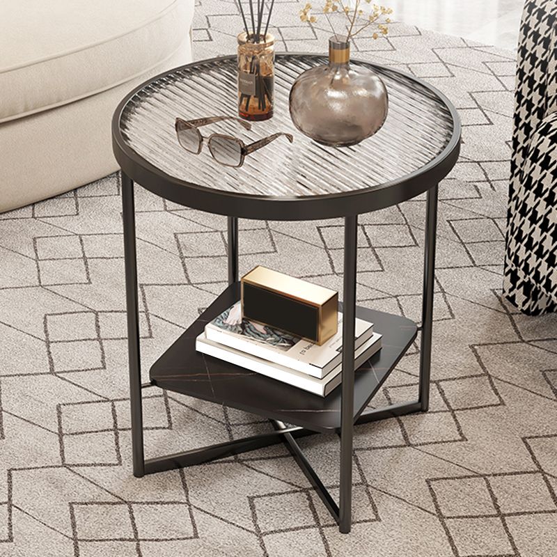 Modern Glass Side End Table Metal Cross Legs Round Corner Table