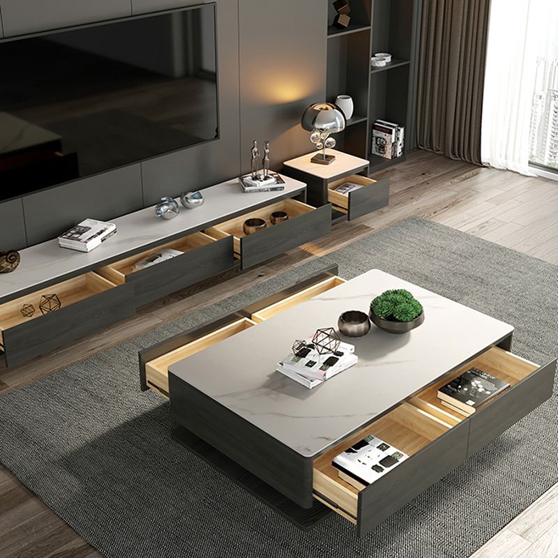 Tavolino da caffè rettangolare di pietra rettangolare contemporanea 16,9 "tavolo da cocktail a blocco H con 4 cassetti