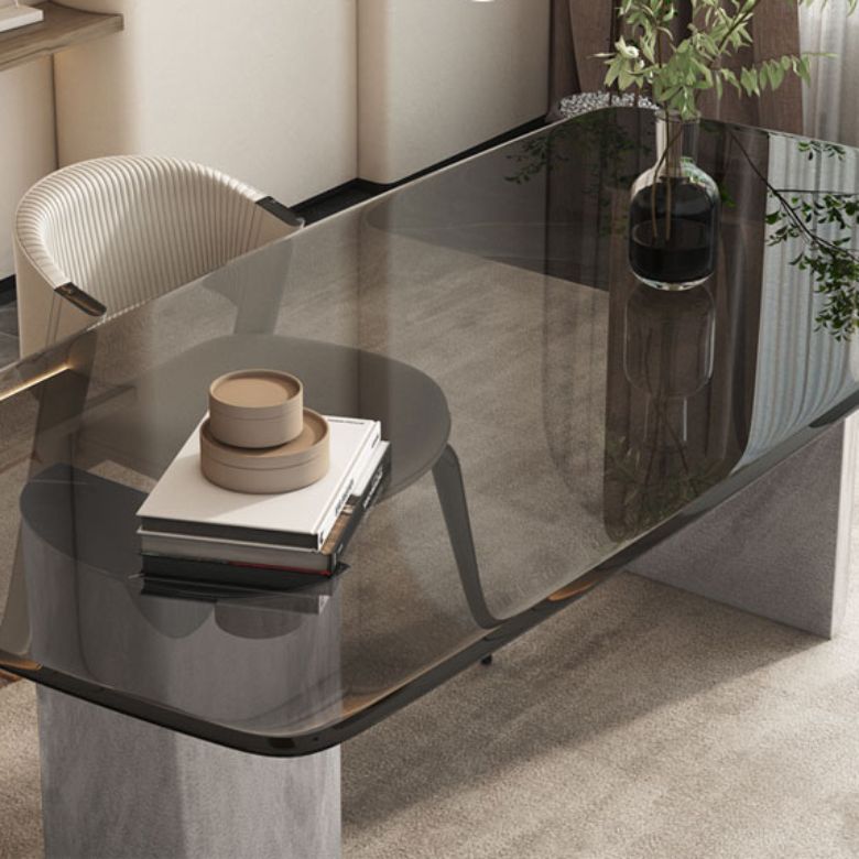 Modern Style Rectangle Glass Dinner Table with Double Pedestal