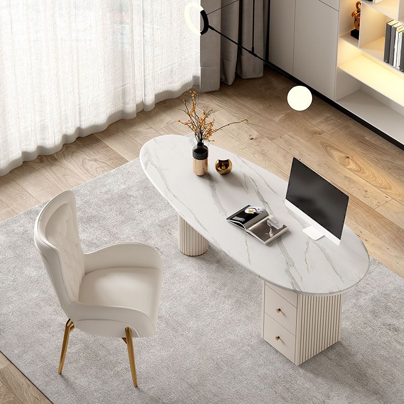 Irregular Shape Office Desk White Office Writing Desk with Metal Legs with 3-drawer Clearhalo 'furn' 'furn_office_desk' 'Furniture' 'Office Desks' 'Office Furniture' 'office_desk' 1200x1200_4eb9b4b6-493d-4232-809a-51a73411d4db