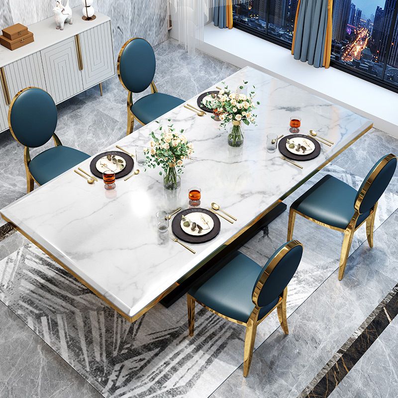 Modern Style Marble Table with White Table and Gold Trestle Base for Home Use Clearhalo 'Dining Room Sets' 'Dining Tables & Seating' 'dining_room_set' 'furn' 'furn_dining_room_set' 'Furniture' 'furniture_dining_room_set' 'Kitchen & Dining Furniture' 'kitchen&dining_furn' 'kitchen' 1200x1200_4ebe2376-10c8-4d0e-a818-e8b1ba796276