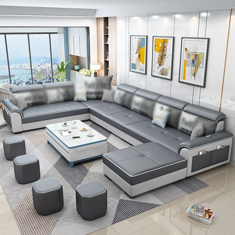 Square Arm Pillowed Back Cushions 6-Seater Faux Leather and Fabric Sectionals Sofas Clearhalo 'furn' 'furn_sectionals' 'Furniture' 'furniture_sectionals' 'kitchen' 'kitchen_sectionals' 'Living Room Furniture' 'Sectionals' 1200x1200_4ebe984c-e022-456d-9cd3-187032f3c55c