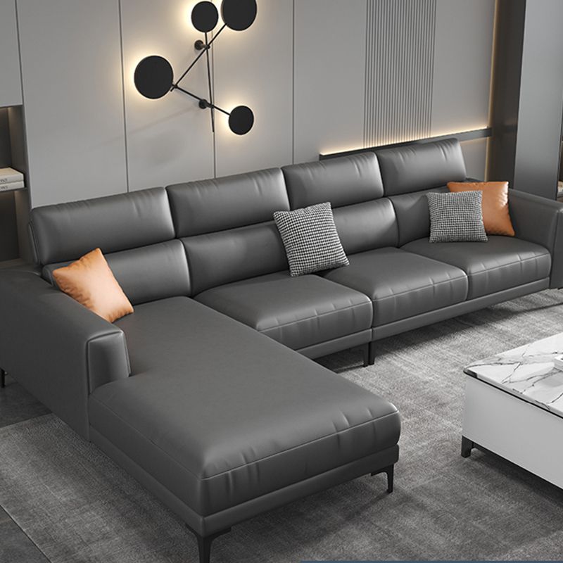 Grey Faux Leather Square Arm Sectional with Adjustable Bolster Pillows, Stain Resistant Clearhalo 'furn' 'furn_sectionals' 'Furniture' 'furniture_sectionals' 'kitchen' 'kitchen_sectionals' 'Living Room Furniture' 'Sectionals' 1200x1200_4ed50a91-1649-417a-8365-01bd1f8bd388