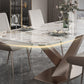 Modern Style Sintered Stone Dining Table with Standard Height Table and Rose Gold Trestle Base Clearhalo 'Dining Room Sets' 'Dining Tables & Seating' 'dining_room_set' 'furn' 'furn_dining_room_set' 'Furniture' 'furniture_dining_room_set' 'Kitchen & Dining Furniture' 'kitchen&dining_furn' 'kitchen' 1200x1200_4edd4e9b-19db-4d6a-a7a5-813f04e8b4a3