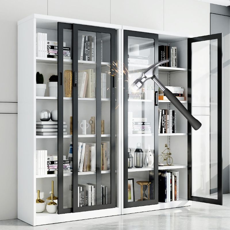 14.9" Wide Whit Bookcase Modern Stainless Steel and Glass Book Shelf With Doors