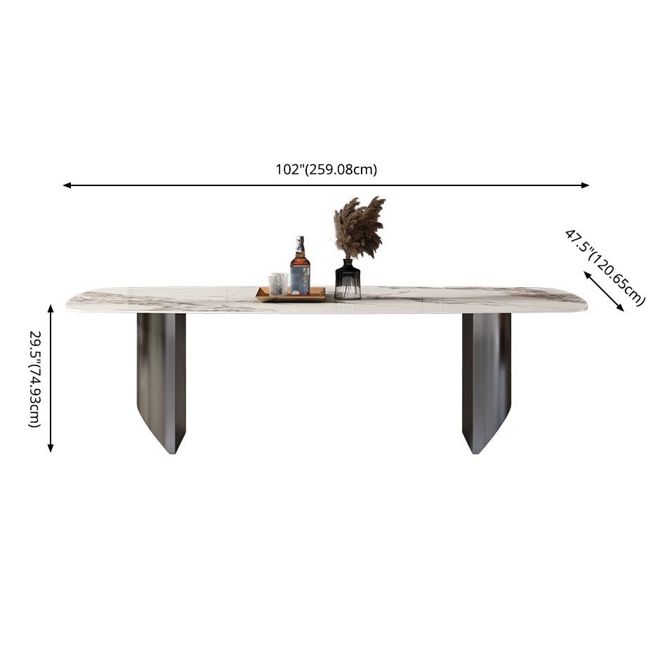 Minimalist Style Sintered Stone Dining Set with White Fixed Table and Black Double Pedestal Base Clearhalo 'Dining Room Sets' 'Dining Tables & Seating' 'dining_room_set' 'furn' 'furn_dining_room_set' 'Furniture' 'furniture_dining_room_set' 'Kitchen & Dining Furniture' 'kitchen&dining_furn' 'kitchen' 1200x1200_4ef77026-182f-4527-94a2-f0d85a7ead12