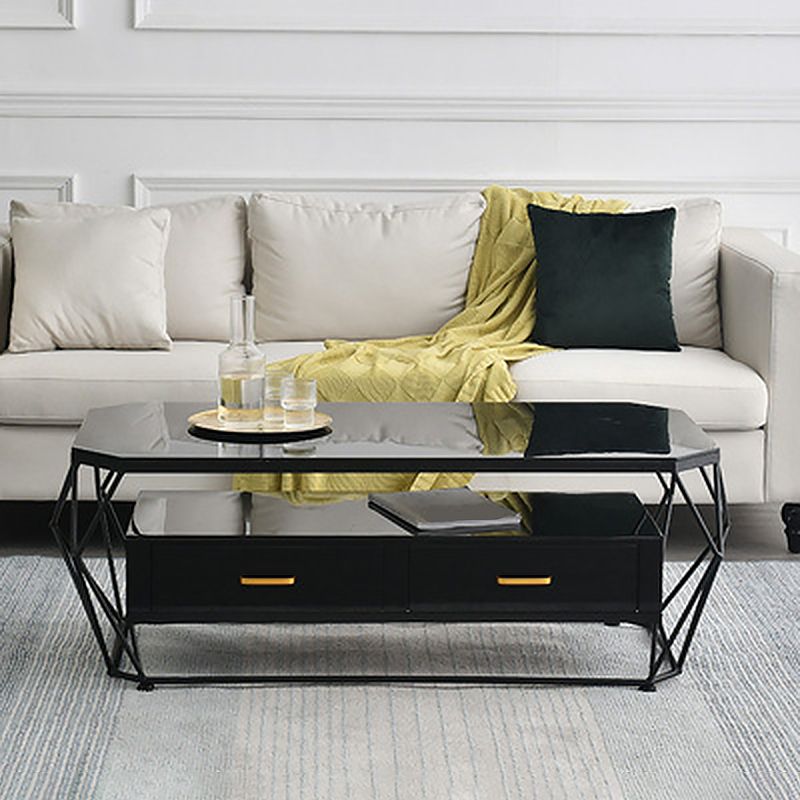 17.7" H Glam Rectangle Coffee Table Iron Frame Cocktail Table with 2 Drawers