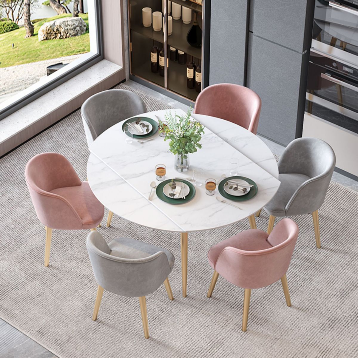 Scandinavian Sintered Stone Top Dining Set Round Table Dining Furniture with Drop Leaf Clearhalo 'Dining Room Sets' 'Dining Tables & Seating' 'dining_room_set' 'furn' 'furn_dining_room_set' 'Furniture' 'furniture_dining_room_set' 'Kitchen & Dining Furniture' 'kitchen&dining_furn' 'kitchen' 1200x1200_4f1e02a4-5728-4958-81ca-18397c65189a