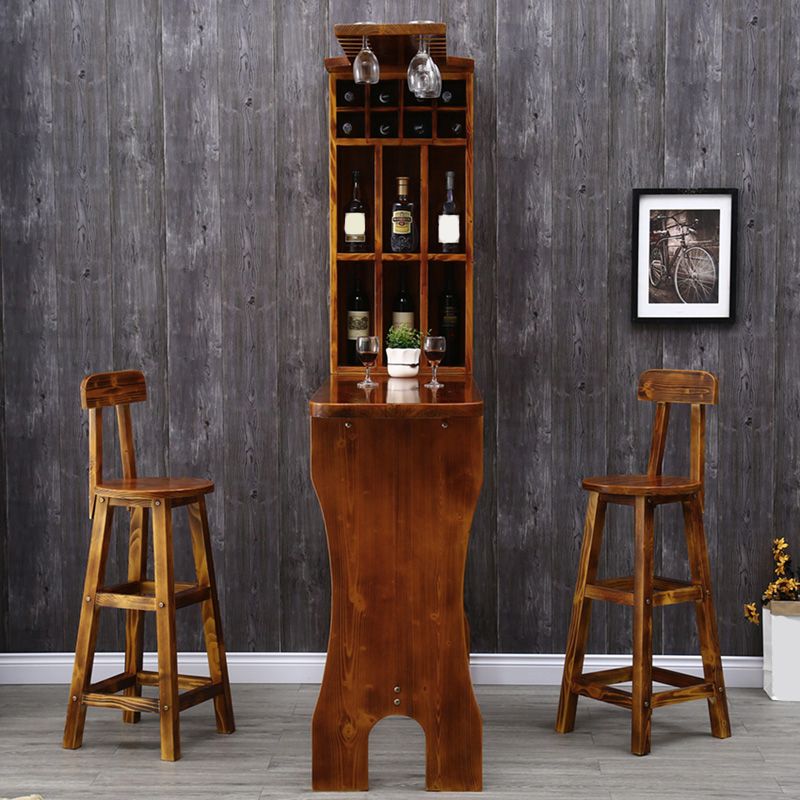 Table de bistro en bois de pin marron avec support à vin, table de pub pour bar