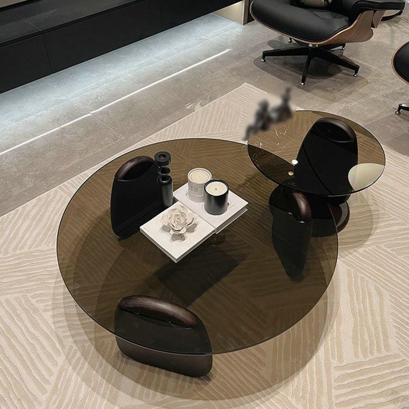 Tavolino rotondo a 2 pezzi moderno in vetro espresso nidificazione in legno tavolino
