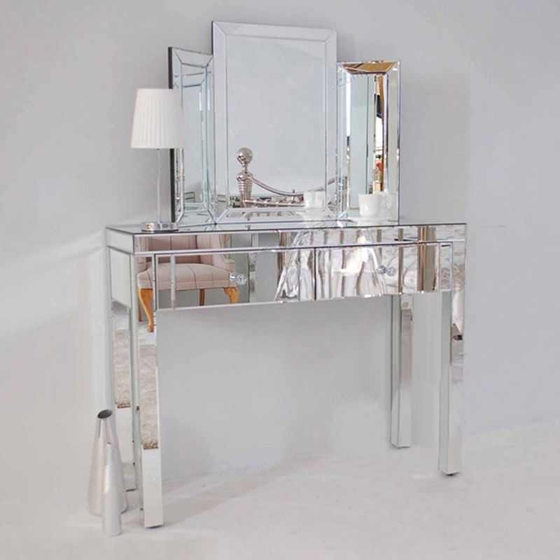 Glass Vanity Set with Tri-Fold 13.77" Wide Make-up Vanity with 2 Storage Drawers Clearhalo 'Bedroom Furniture' 'furn' 'furn_makeup_vanities' 'Furniture' 'Makeup Vanities' 'makeup_vanities' 1200x1200_4f685cd1-3362-4783-8a15-a03d624f8f3c