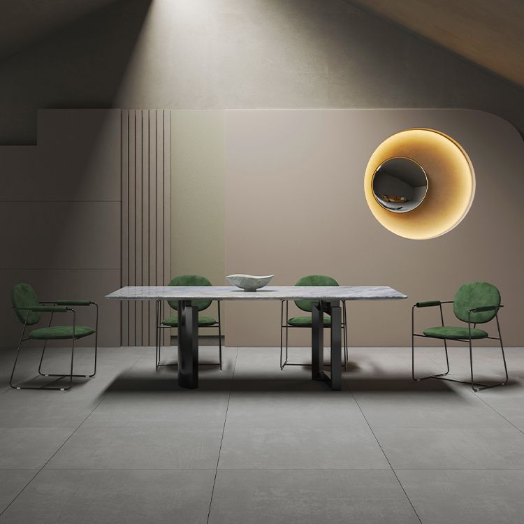 Hedendaagse rechthoek blauw marmer eettafel met dubbele voetstuk