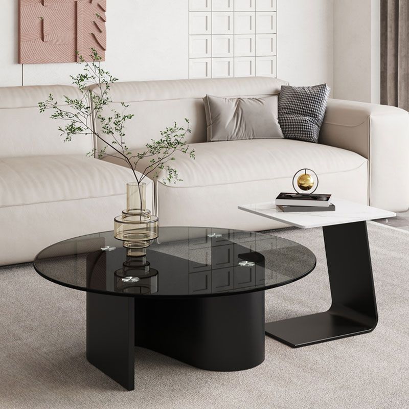Contemporary Glass Top Round Coffee Table Abstract Cocktail Table