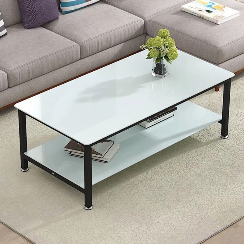 Zeitgenössischer rechteckiger Couchtisch aus Glas mit Stauraum und 4 Beinen