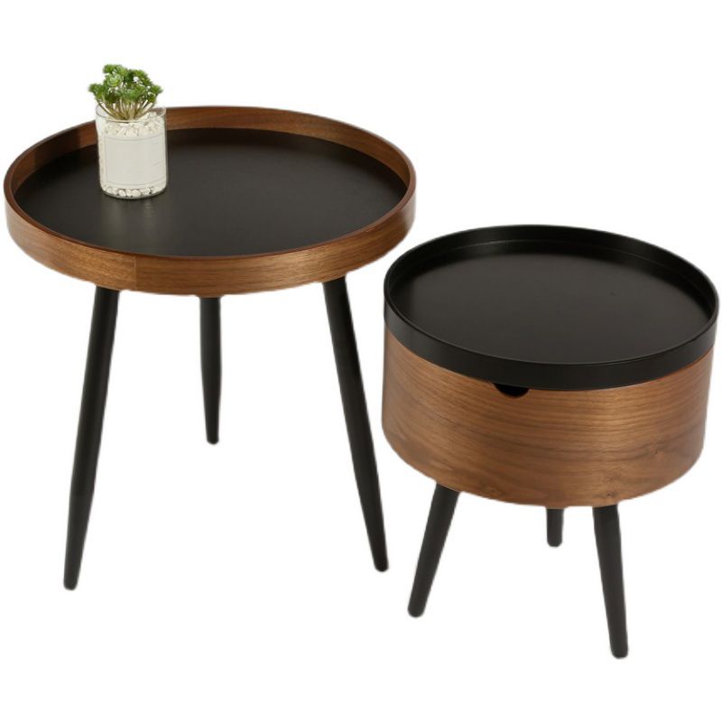 Modern Style Round 3 Legs Side Table Set in Black with Storage