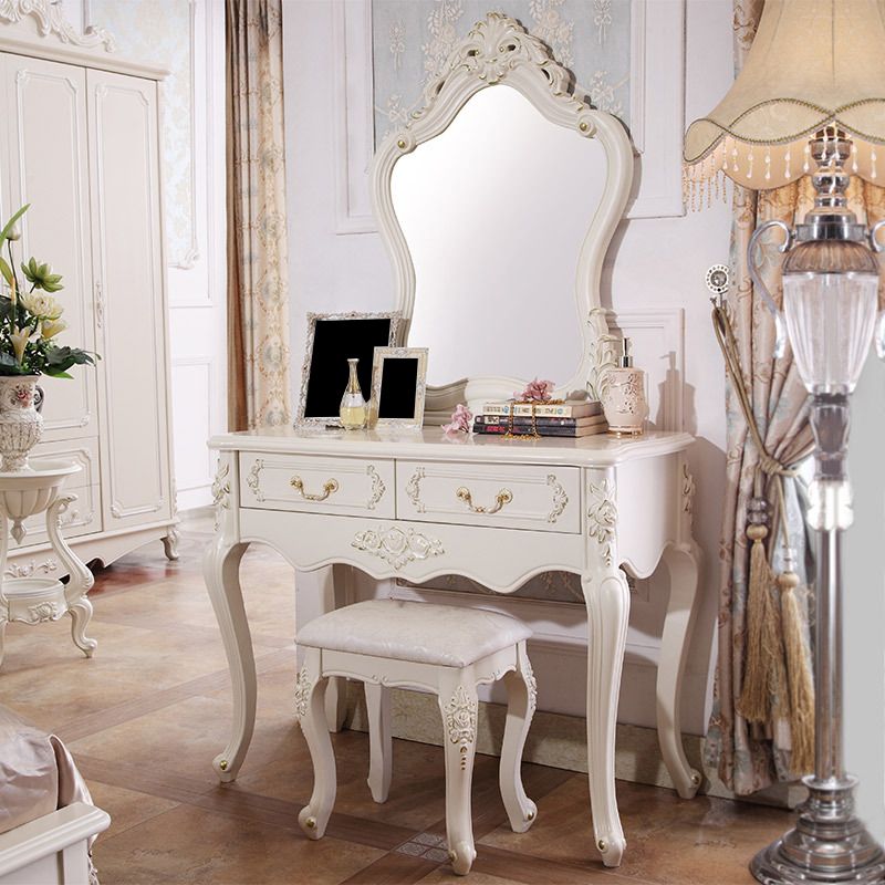 Victorian 2-Drawer Dressing Table Stool Set Solid Wood Vanity Desk Clearhalo 'Bedroom Furniture' 'furn' 'furn_makeup_vanities' 'Furniture' 'Makeup Vanities' 'makeup_vanities' 1200x1200_4fb18172-1dfc-416f-9c51-bfc7ba838bc6