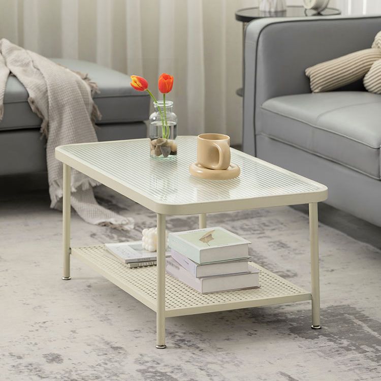 Glass Top Coffee Table 4 Legs Coffee Cocktail Table with Shelf