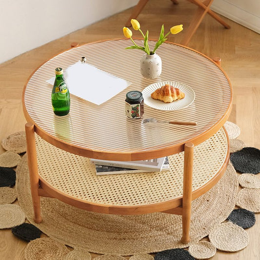 Moderno vetro in vetro in legno massiccio 4 gambe rotonde a doppio livello da soggiorno.