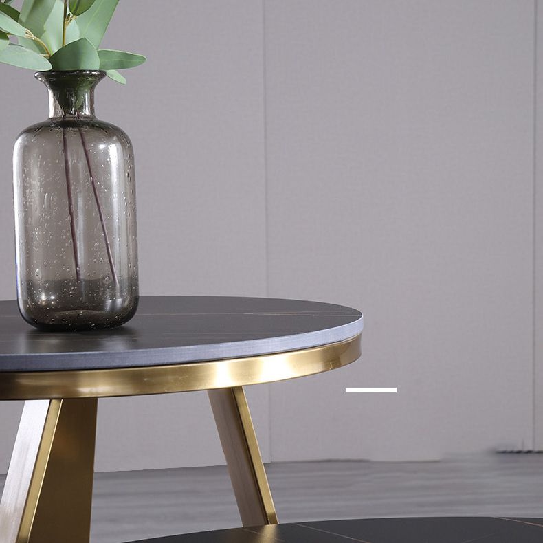 Black Round Slate Coffee Table Luxurious Steel Frame Cocktail Table