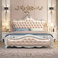84.65 inch Wide Victorian Bed Frame Rubberwood Bed with Upholstered Headboard