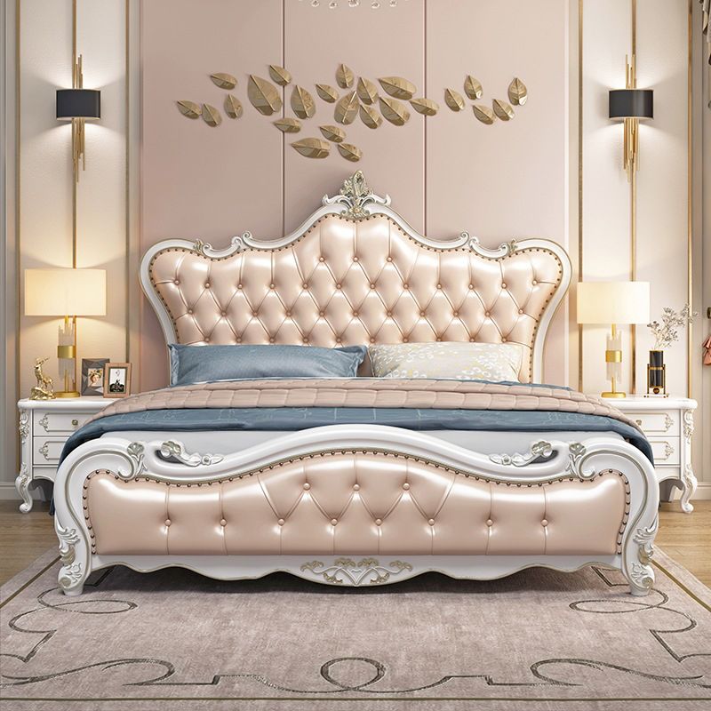 84.65 inch Wide Victorian Bed Frame Rubberwood Bed with Upholstered Headboard
