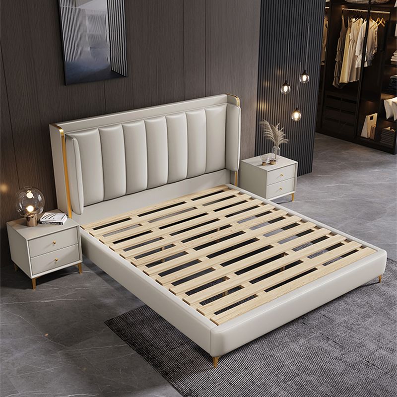 Contemporary Wingback Bed with Upholstered Headboard, 51" Tall Solid Color Bed