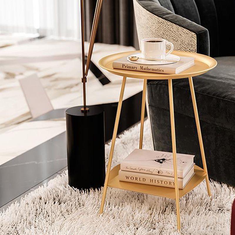 Double Tier Mid-Century Round 4 Legs Metal End Table with Storage