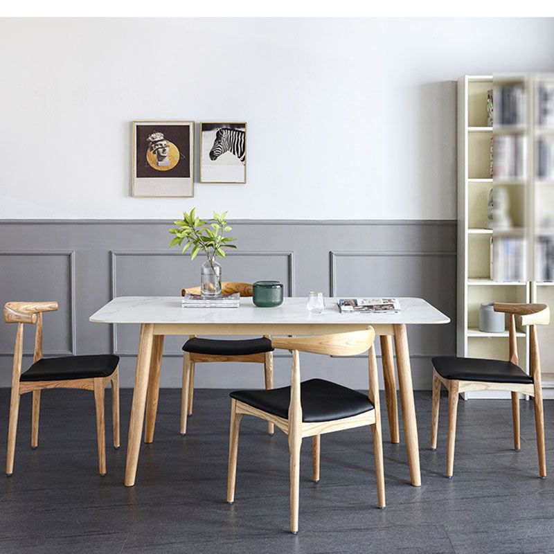 White Stone Top Dining Table Mid-Century Modern Table with 4 Wood Legs