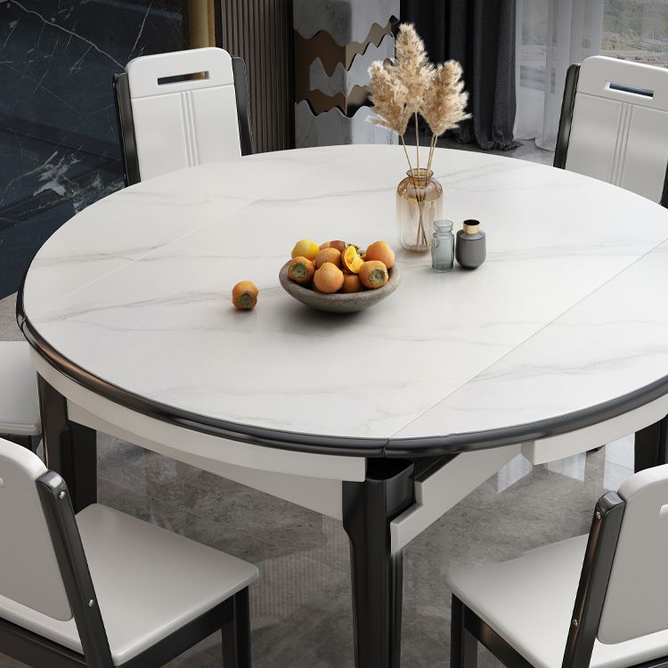 Modern Round Stone Top Dining Table Extendable for Small Spaces with Storage