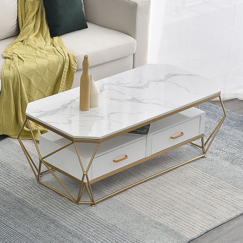 Glam Coffee Table with Glass/Marble Top and 2 Drawers and Iron Base Clearhalo 'Coffee & Accent Tables' 'Coffee Tables' 'coffee_tables' 'furn' 'furn_coffee_tables' 'Furniture' 'Living Room Furniture' 1200x1200_50809d84-a6d7-4e17-8a83-d7d9c36cfa48