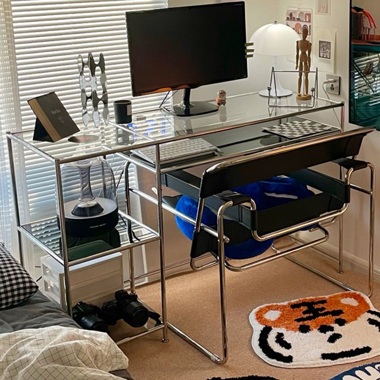 Bureau de bureau en verre moderne de 31,5 pouces de haut avec des jambes en acier inoxydable