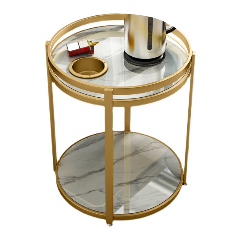 モダンメタルフレームエンドテーブルスレートラウンドダブルティアエンドテーブル