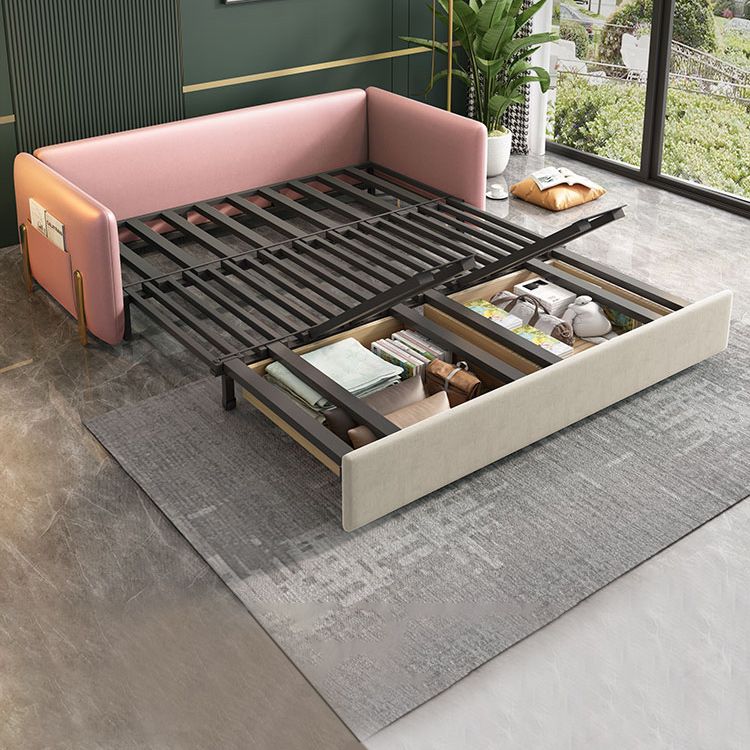 Square Arms Futon Foldable Pillow Included Pink Sleeper Sofa with Storage