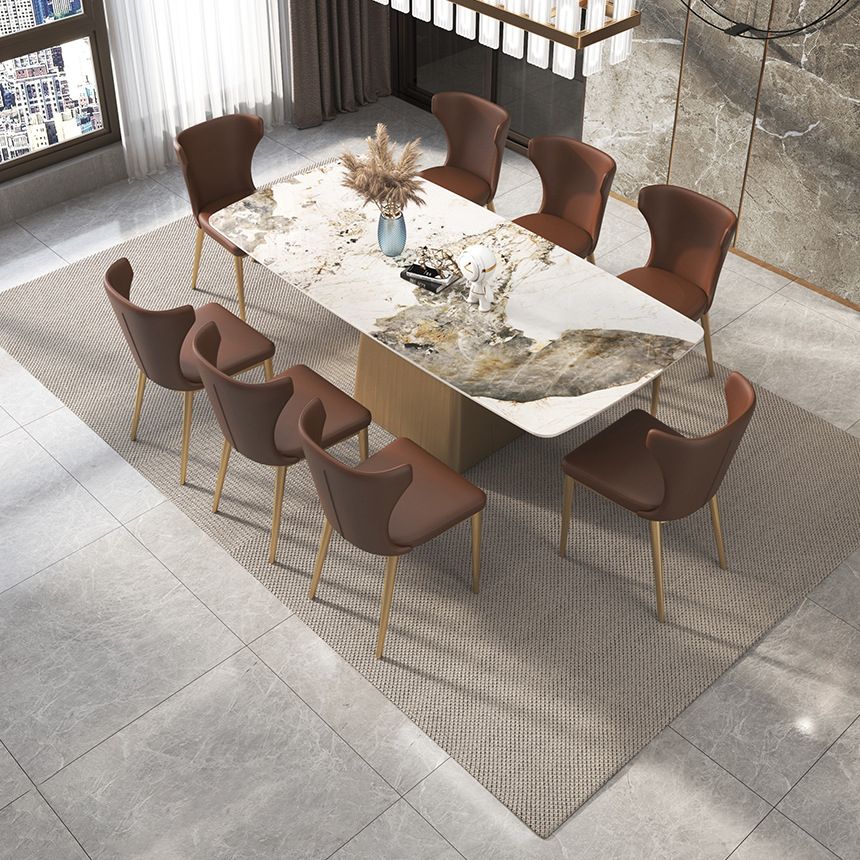 Sintered Stone Top Luxury Table for Restaurant Rectangle Dining Table with Pedestal Base Clearhalo 'Dining Tables & Seating' 'Dining Tables' 'dining_table' 'furn' 'furn_dining_table' 'Furniture' 'furniture_dining_table' 'Kitchen & Dining Furniture' 'kitchen' 'kitchen_dining_table' 1200x1200_50b14248-eaab-491c-bb61-136df70bb917
