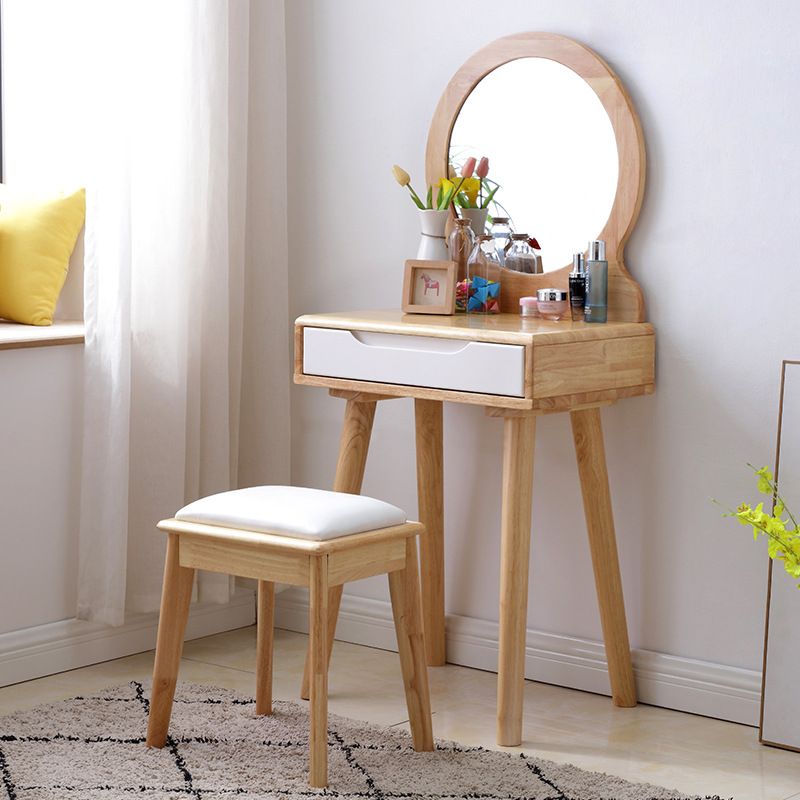 15.74" Wide Solid Wood Dresser 1-Drawer Vanity Table with Stool and Mirror