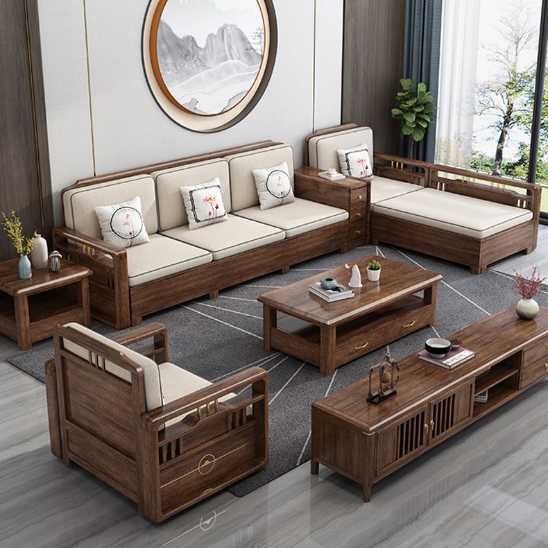 Contemporary Sectional Sofa Walnut Wood Sectional with Pillows