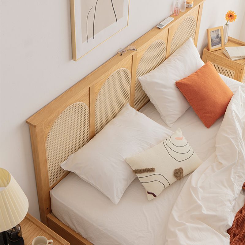 Queen Size Solid Wood Bed Frame Tropical Rattan Panel Bed in Ash