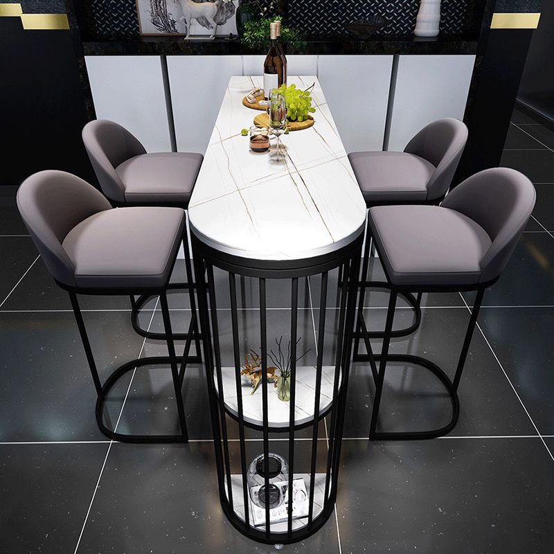 Table de bar en pierre frittée blanche, base en métal, table de salle à manger avec étagères de rangement