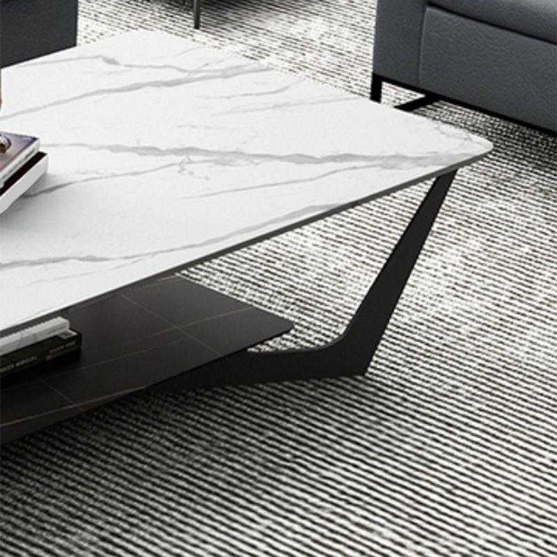 Rectangle Stone Top Cocktail Table with Cross Leg and Storage Shelf