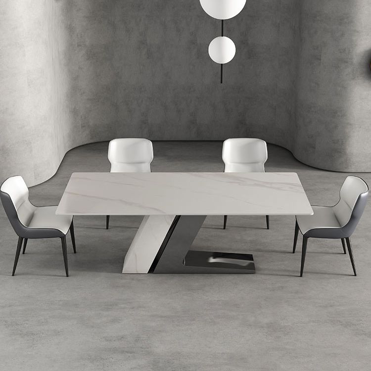 Modern Style Sintered Stone Dining Set with White Rectangle Shape Table and Double Pedestal Base Clearhalo 'Dining Room Sets' 'Dining Tables & Seating' 'dining_room_set' 'furn' 'furn_dining_room_set' 'Furniture' 'furniture_dining_room_set' 'Kitchen & Dining Furniture' 'kitchen&dining_furn' 'kitchen' 1200x1200_5129b7e5-63ae-42ac-8105-faf156de3947