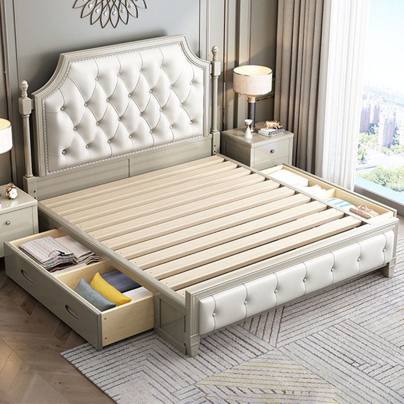 84.65 inch Wide Victorian Wingback Bed Frame Pine Wood Bed with Upholstered Headboard