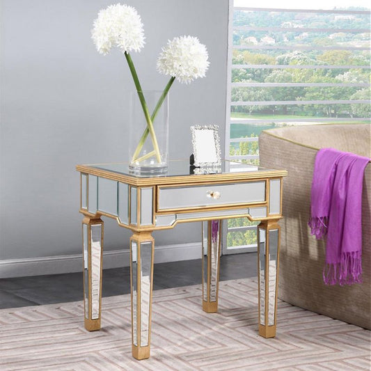 Contemporary Square Glass Top End Table 4 Legs End Table with Drawer