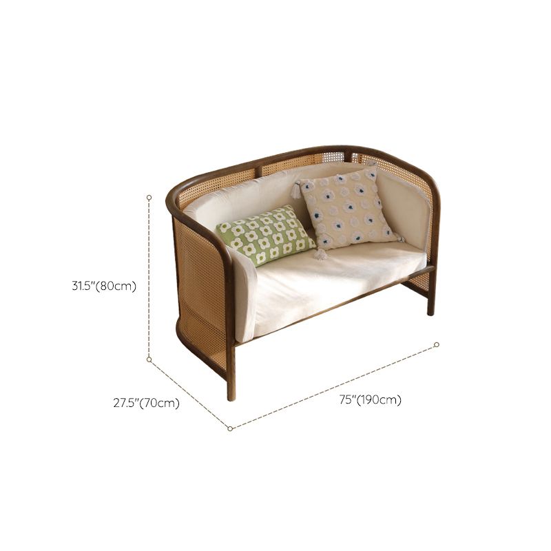 Beige Cushions Sofa in Rattan Accent Tropical Sofa with Tuxedo Arm