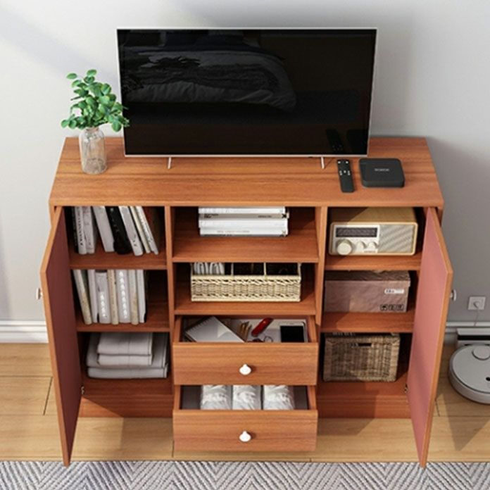 Contemporary TV Stand Console Wooden TV Stand with Drawers and Doors , 12" D X 31.5" H Clearhalo 'furn' 'furn_tv_stands_entertainment_centers' 'Furniture' 'Living Room Furniture' 'TV Stands & Entertainment Centers' 'TV Stands & Media Storage Furniture' 'tv_stands_entertainment_centers' 1200x1200_515278aa-d1a4-4488-8fb0-3d5270b5d4fc