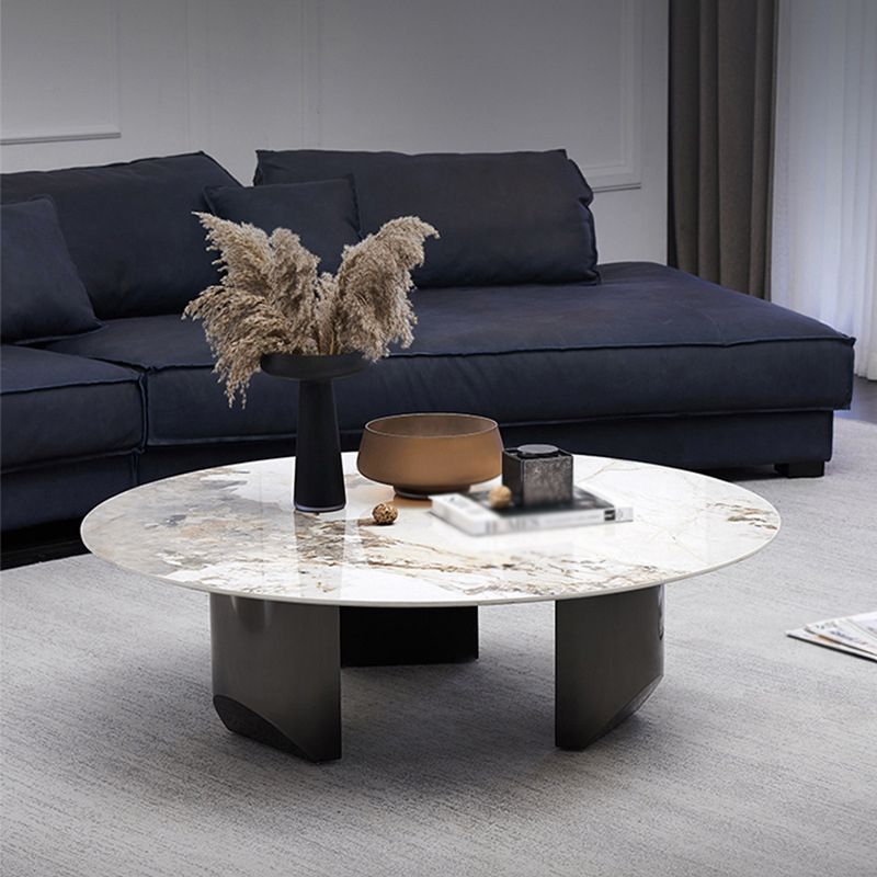 Modern Style Round Coffee Table with Iron Craft Black Base and Rock Slab White Top Clearhalo 'Coffee & Accent Tables' 'Coffee Tables' 'coffee_tables' 'furn' 'furn_coffee_tables' 'Furniture' 'Living Room Furniture' 1200x1200_51681bb9-174e-4354-a11c-aca9dae3d8d0