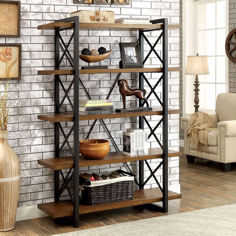 Industrial Open Etagere Bookshelf with Black Iron Frame Solid Wood Shelf Clearhalo 'Bookcases' 'furn' 'furn_bookcases' 'Furniture' 'furniture_bookcases' 'kitchen' 'kitchen_bookcases' 'Living Room Furniture' 'Office Furniture' 1200x1200_51b14fdb-b1cf-4501-bb7d-c145b5f4f2e0