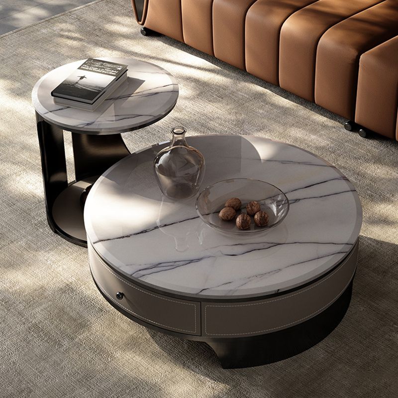 Drum Base Design Marble White/black White Top Metal Base Round Coffee Table Clearhalo 'Coffee & Accent Tables' 'Coffee Tables' 'coffee_tables' 'furn' 'furn_coffee_tables' 'Furniture' 'Living Room Furniture' 1200x1200_51c850ea-7cf6-4d7e-a9cb-446776c7c36e
