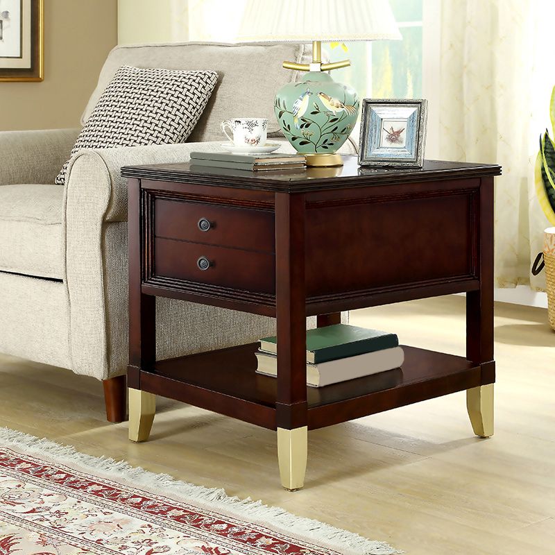 Contemporary Solid Wood End Table Rectangular Side Table with Storage and Shelf